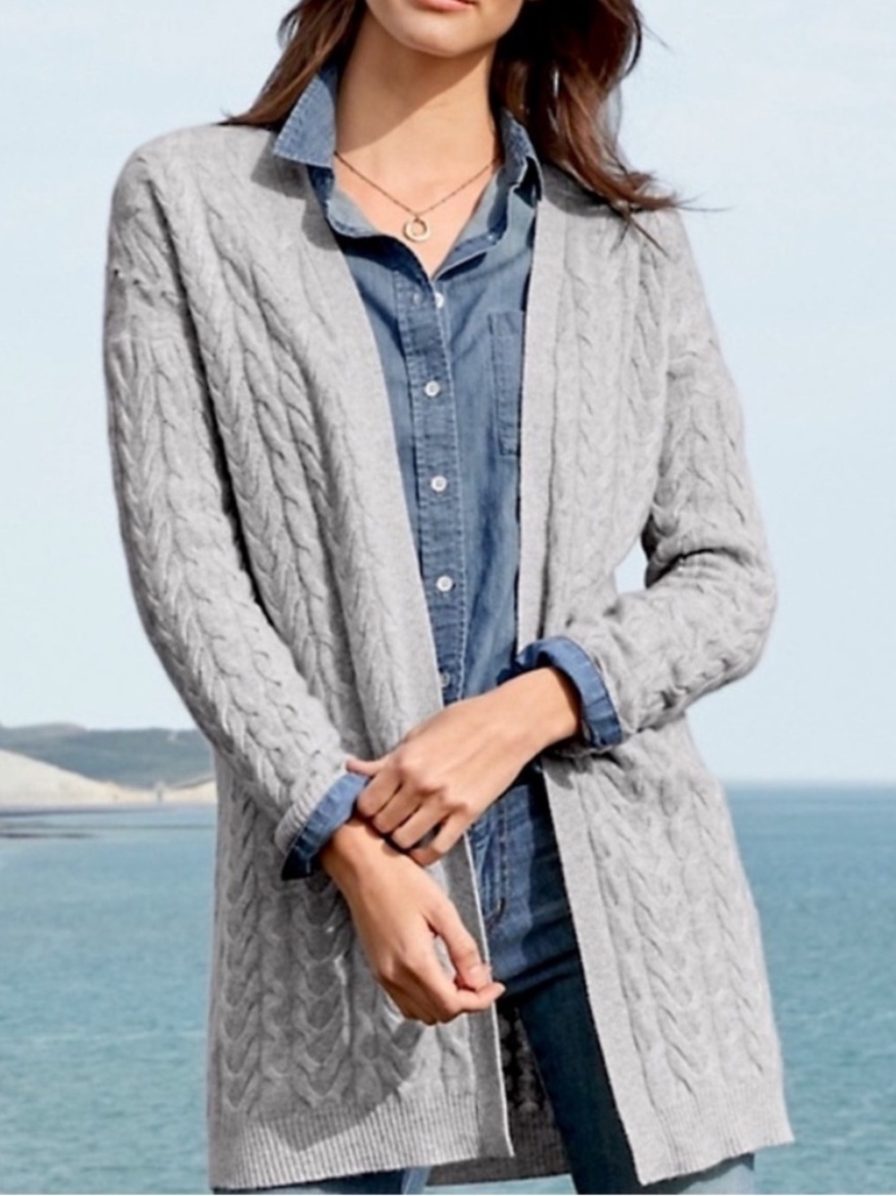 Garnet Hill Essential 100% Cashmere Cable Knit Cardigan Grey Size Small